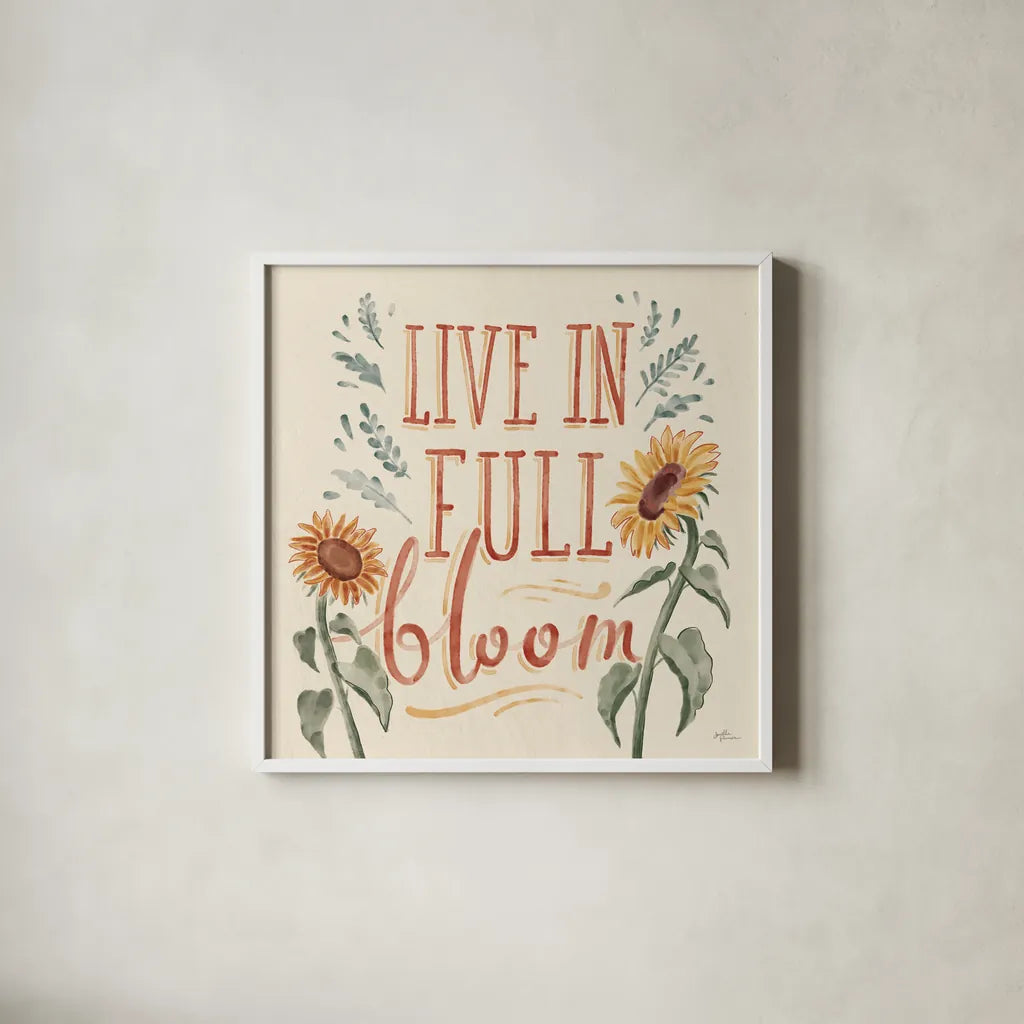 Sunflower Season VI by Janelle Penner. Shown in a crisp white glass frame for a clean and minimalist style. Available as an archival giclee rolled canvas, fine art paper, or poster print. SKU 76486a.