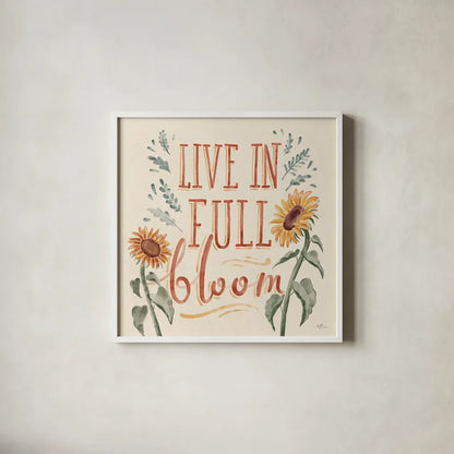 Sunflower Season VI by Janelle Penner. Shown in a crisp white glass frame for a clean and minimalist style. Available as an archival giclee rolled canvas, fine art paper, or poster print. SKU 76486a.