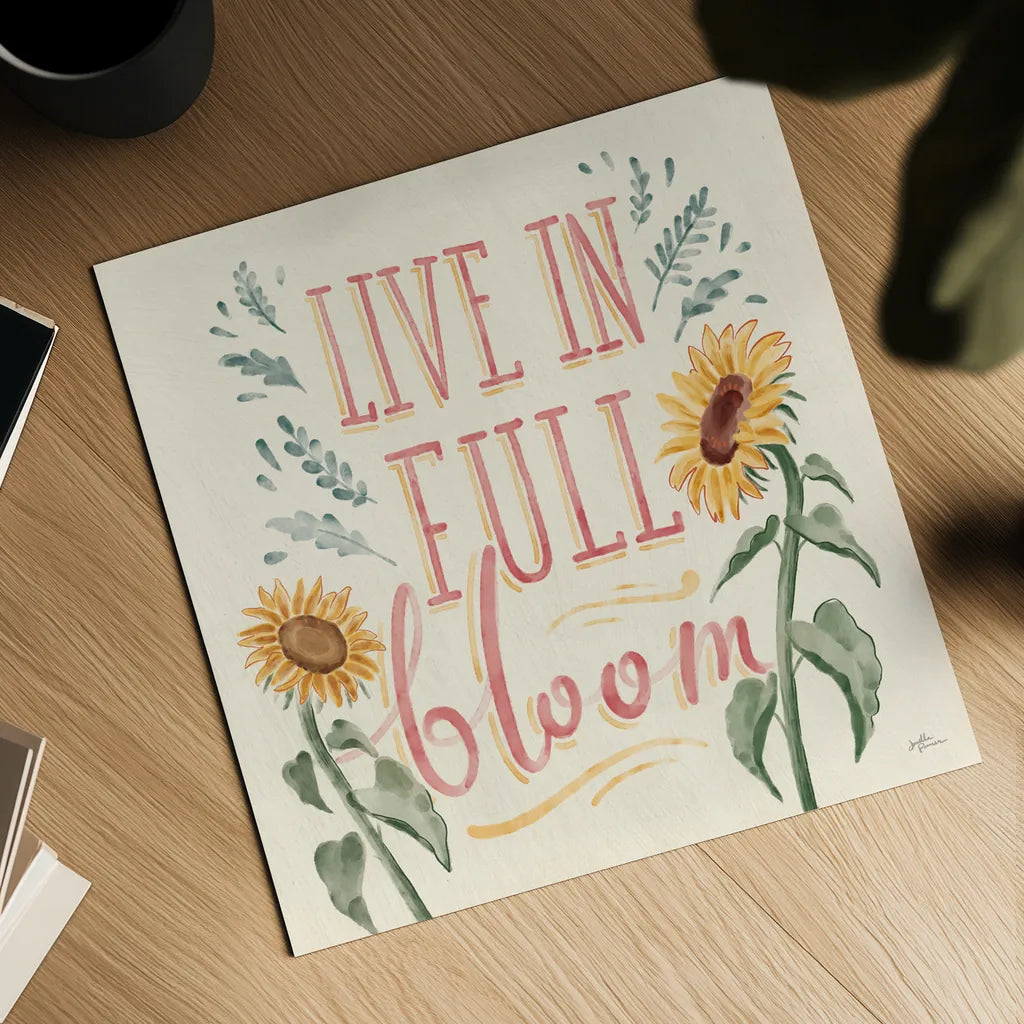 Sunflower Season VI Bright by Janelle Penner. Shown as a detailed flat fine art print, highlighting archival giclee quality. Available as an archival giclee rolled canvas, fine art paper, or poster print. SKU 77840a.