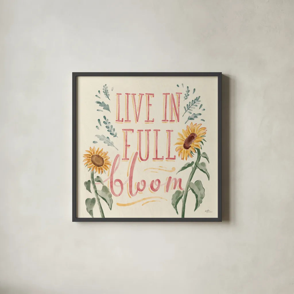 Sunflower Season VI Bright by Janelle Penner. Shown in a sleek black glass frame for a contemporary gallery look. Available as an archival giclee rolled canvas, fine art paper, or poster print. SKU 77840a.