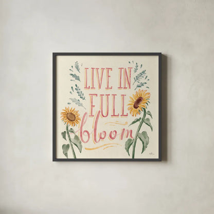 Sunflower Season VI Bright by Janelle Penner. Shown in a sleek black glass frame for a contemporary gallery look. Available as an archival giclee rolled canvas, fine art paper, or poster print. SKU 77840a.