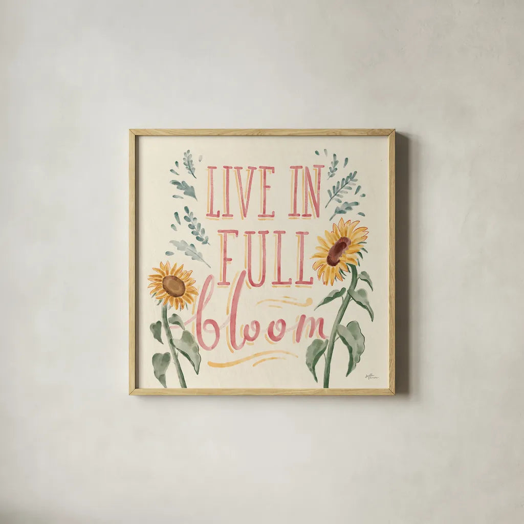 Sunflower Season VI Bright by Janelle Penner. Shown in a natural wood glass frame for a timeless modern aesthetic. Available as an archival giclee rolled canvas, fine art paper, or poster print. SKU 77840a.