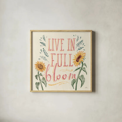 Sunflower Season VI Bright by Janelle Penner. Shown in a natural wood glass frame for a timeless modern aesthetic. Available as an archival giclee rolled canvas, fine art paper, or poster print. SKU 77840a.