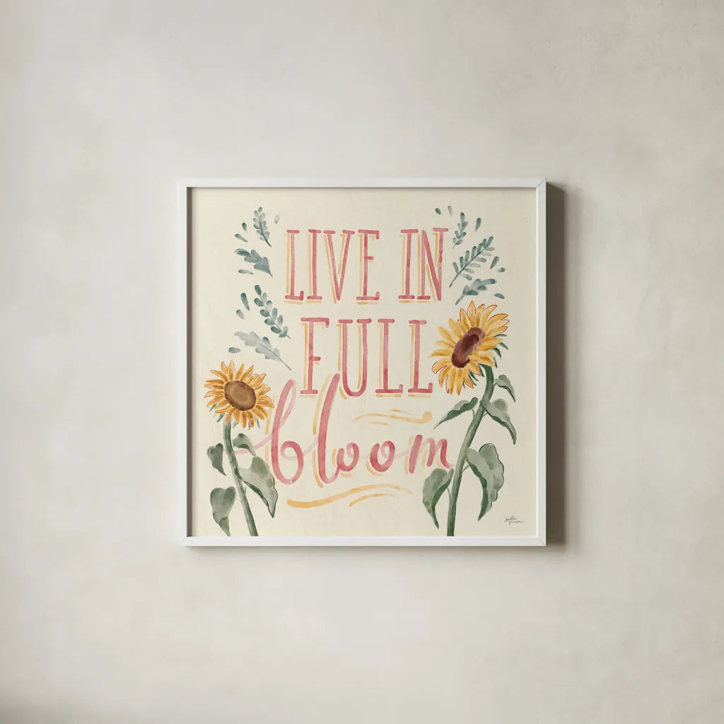 Sunflower Season VI Bright by Janelle Penner. Shown in a crisp white glass frame for a clean and minimalist style. Available as an archival giclee rolled canvas, fine art paper, or poster print. SKU 77840a.