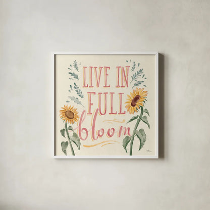 Sunflower Season VI Bright by Janelle Penner. Shown in a crisp white glass frame for a clean and minimalist style. Available as an archival giclee rolled canvas, fine art paper, or poster print. SKU 77840a.