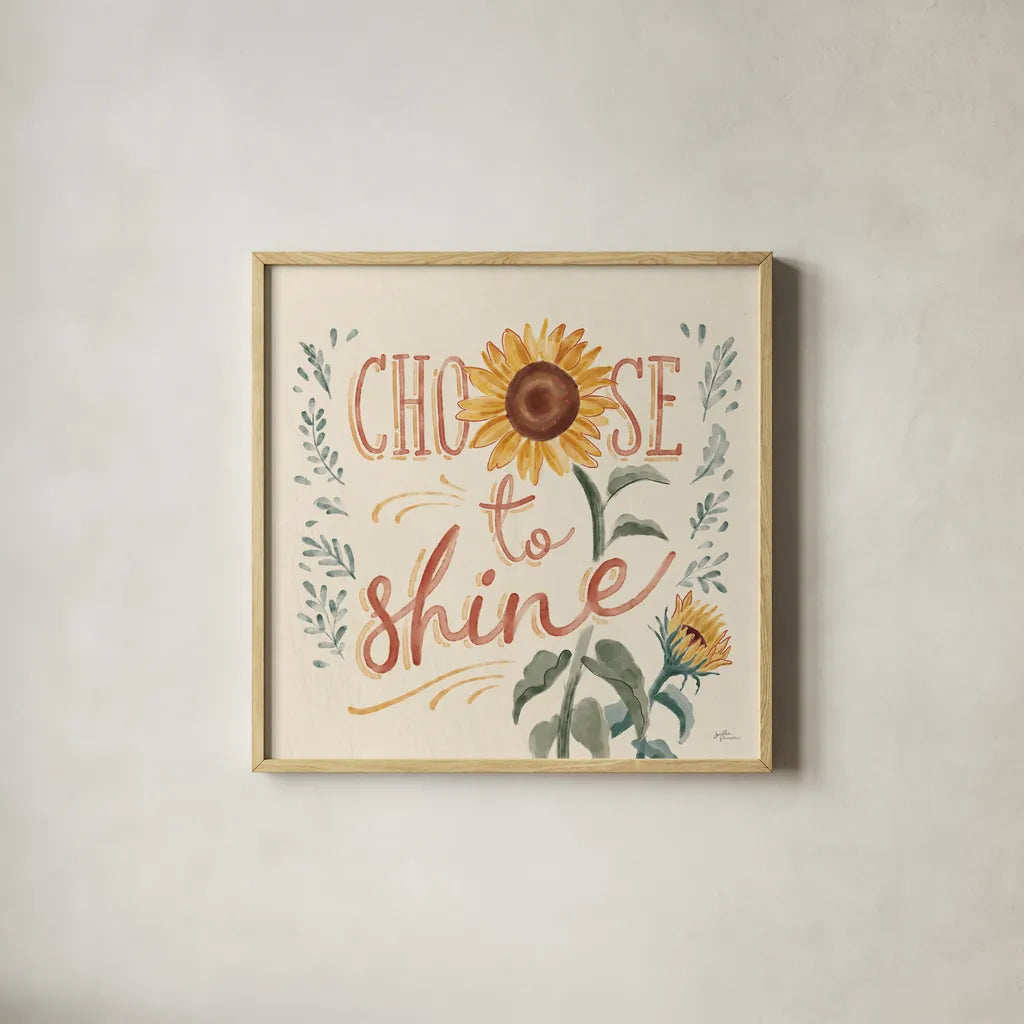 Sunflower Season VII by Janelle Penner. Shown in a natural wood glass frame for a timeless modern aesthetic. Available as an archival giclee rolled canvas, fine art paper, or poster print. SKU 76487a.