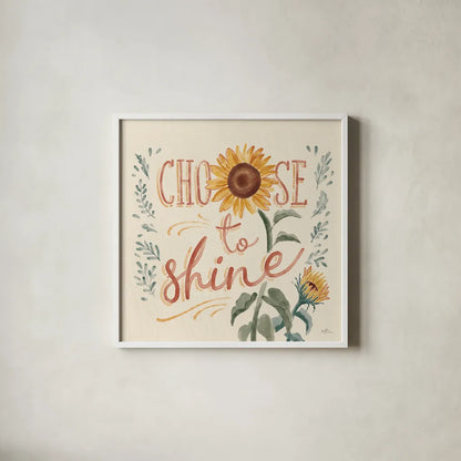 Sunflower Season VII by Janelle Penner. Shown in a crisp white glass frame for a clean and minimalist style. Available as an archival giclee rolled canvas, fine art paper, or poster print. SKU 76487a.