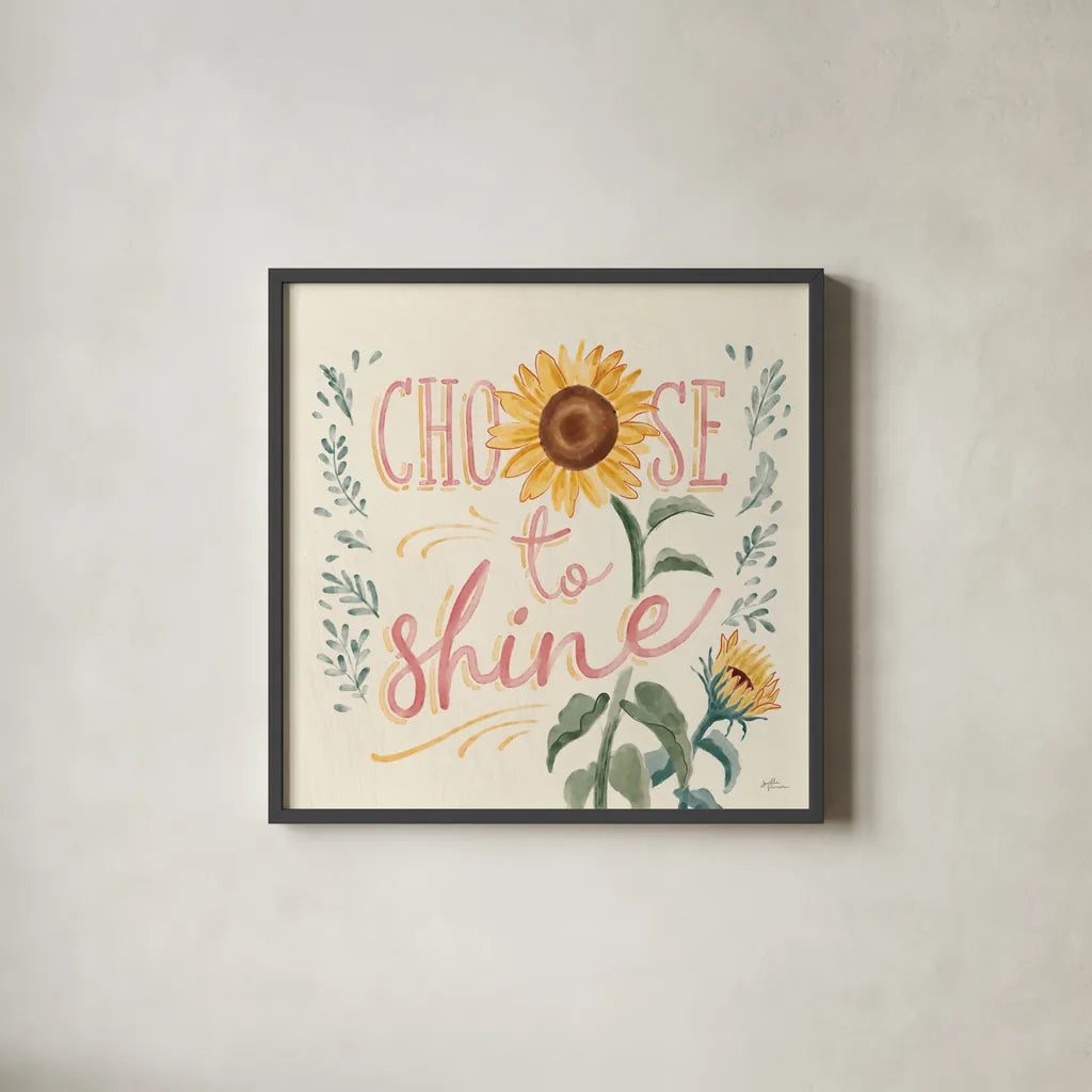 Sunflower Season VII Bright by Janelle Penner. Shown in a sleek black glass frame for a contemporary gallery look. Available as an archival giclee rolled canvas, fine art paper, or poster print. SKU 77841a.