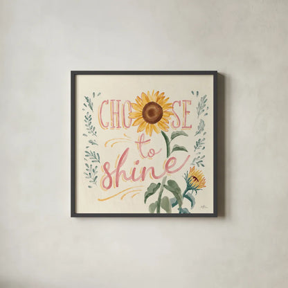 Sunflower Season VII Bright by Janelle Penner. Shown in a sleek black glass frame for a contemporary gallery look. Available as an archival giclee rolled canvas, fine art paper, or poster print. SKU 77841a.