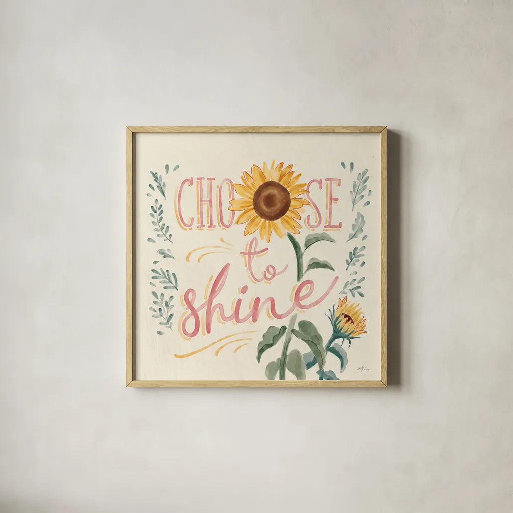 Sunflower Season VII Bright by Janelle Penner. Shown in a natural wood glass frame for a timeless modern aesthetic. Available as an archival giclee rolled canvas, fine art paper, or poster print. SKU 77841a.