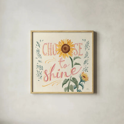 Sunflower Season VII Bright by Janelle Penner. Shown in a natural wood glass frame for a timeless modern aesthetic. Available as an archival giclee rolled canvas, fine art paper, or poster print. SKU 77841a.