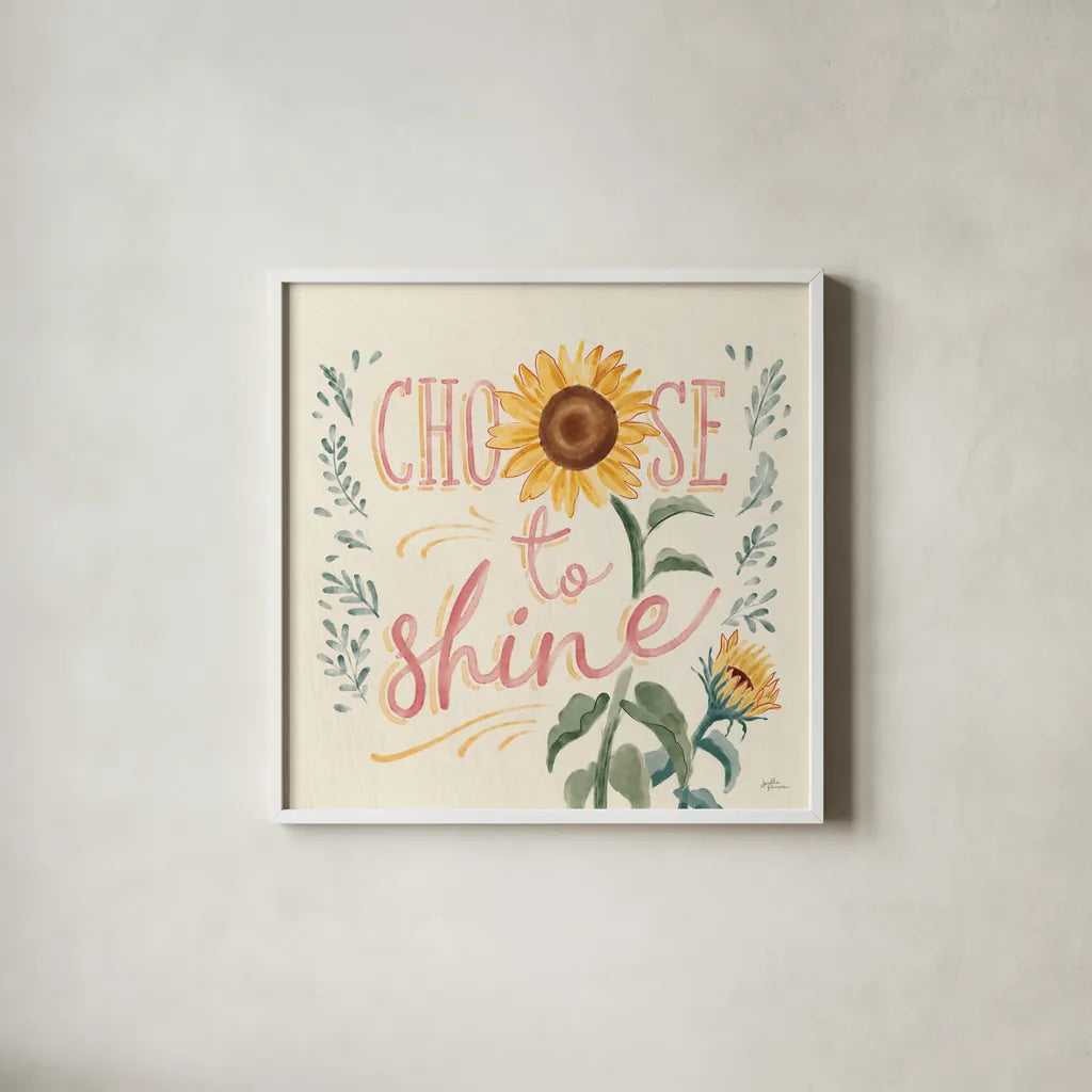 Sunflower Season VII Bright by Janelle Penner. Shown in a crisp white glass frame for a clean and minimalist style. Available as an archival giclee rolled canvas, fine art paper, or poster print. SKU 77841a.