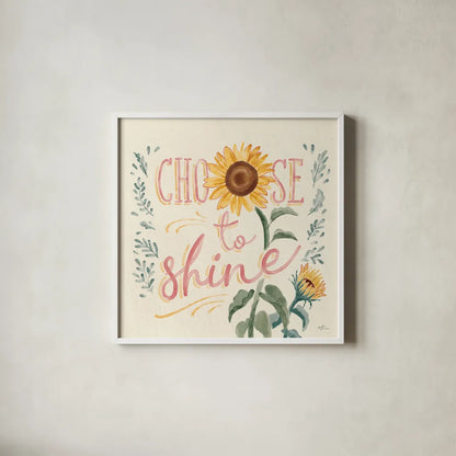 Sunflower Season VII Bright by Janelle Penner. Shown in a crisp white glass frame for a clean and minimalist style. Available as an archival giclee rolled canvas, fine art paper, or poster print. SKU 77841a.