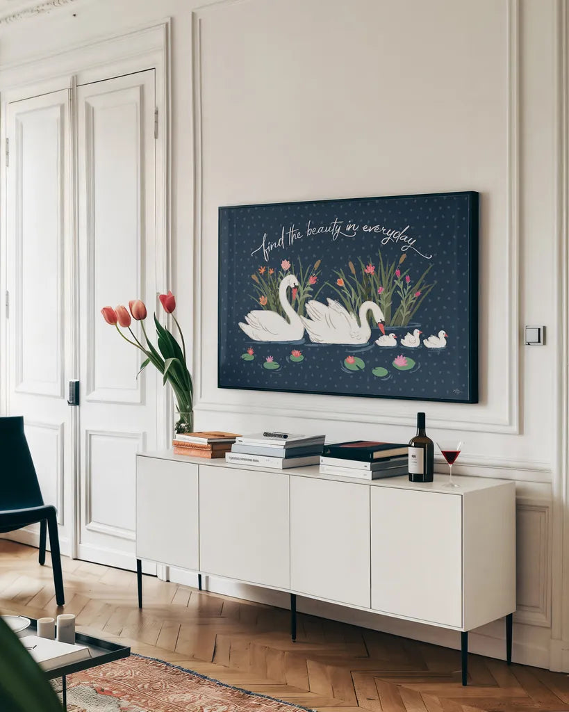 Swan Lake I by Janelle Penner. shown as a framed stretched canvas in a living room above a console. Available as a archival giclee rolled canvas, fine art paper, or poster print. SKU 39228i.