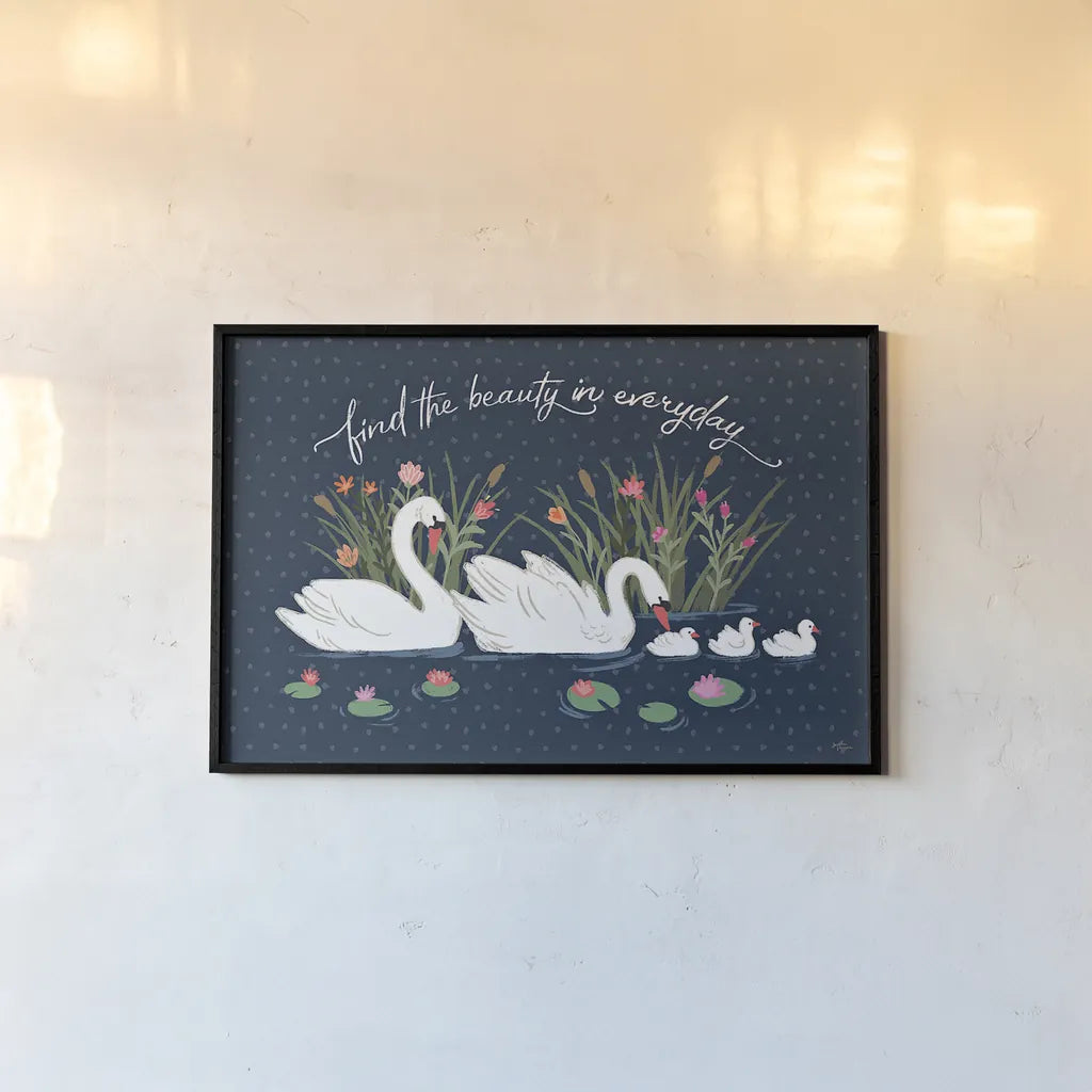 Swan Lake I by Janelle Penner. shown as a paper print in a black flame. Available as a archival giclee rolled canvas, fine art paper, or poster print. SKU 39228i.