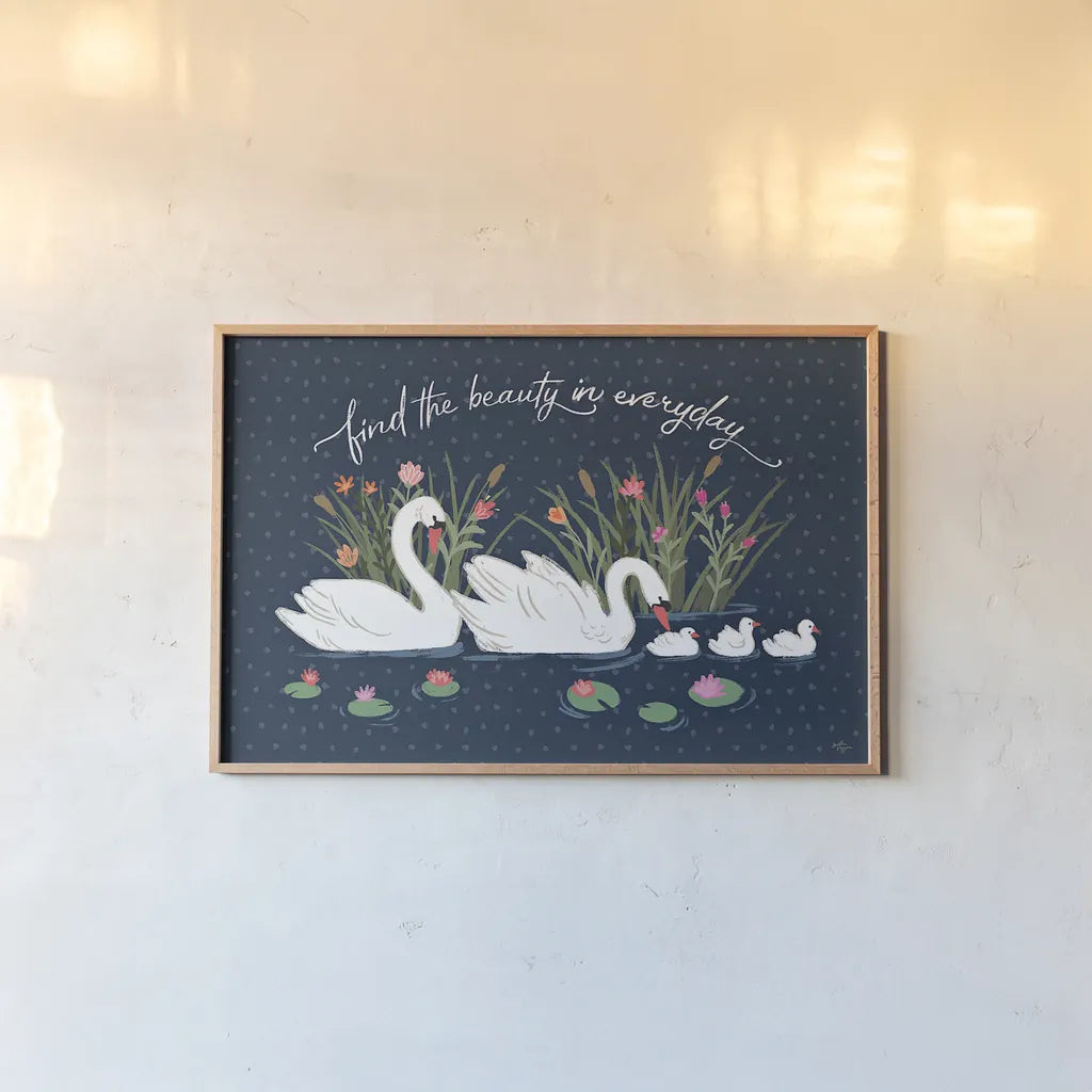 Swan Lake I by Janelle Penner. shown as a paper print in a natural frame. Available as a archival giclee rolled canvas, fine art paper, or poster print. SKU 39228i.