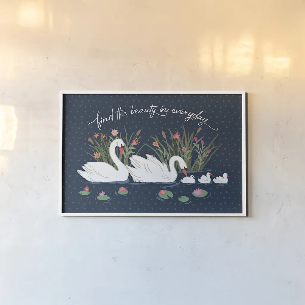 Swan Lake I by Janelle Penner. shown as a paper print in a white frame. Available as a archival giclee rolled canvas, fine art paper, or poster print. SKU 39228i.