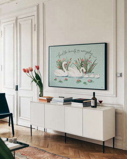 Swan Lake I Mint by Janelle Penner. shown as a framed stretched canvas in a living room above a console. Available as a archival giclee rolled canvas, fine art paper, or poster print. SKU 39235i.