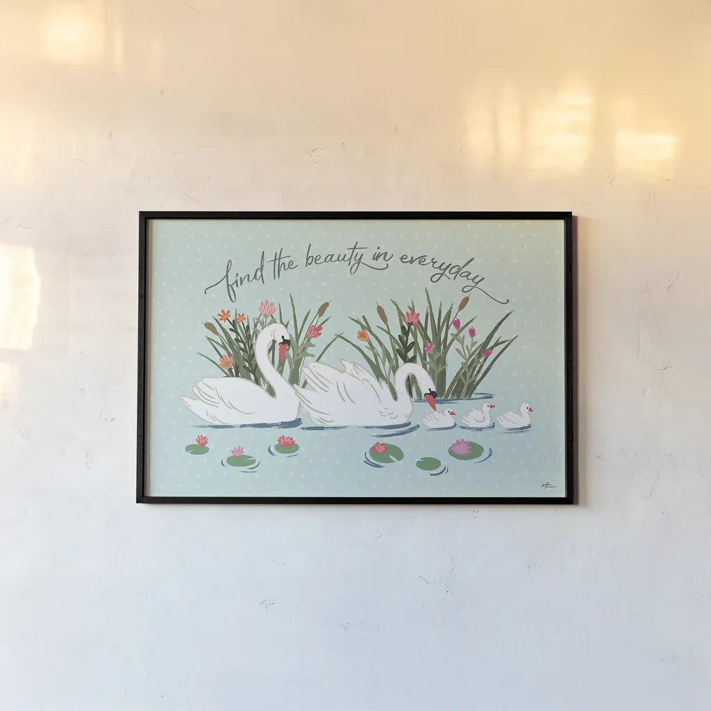 Swan Lake I Mint by Janelle Penner. shown as a paper print in a black flame. Available as a archival giclee rolled canvas, fine art paper, or poster print. SKU 39235i.