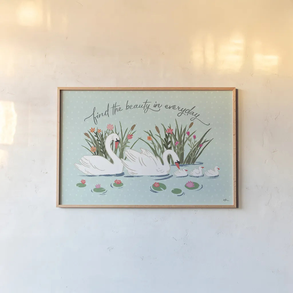 Swan Lake I Mint by Janelle Penner. shown as a paper print in a natural frame. Available as a archival giclee rolled canvas, fine art paper, or poster print. SKU 39235i.