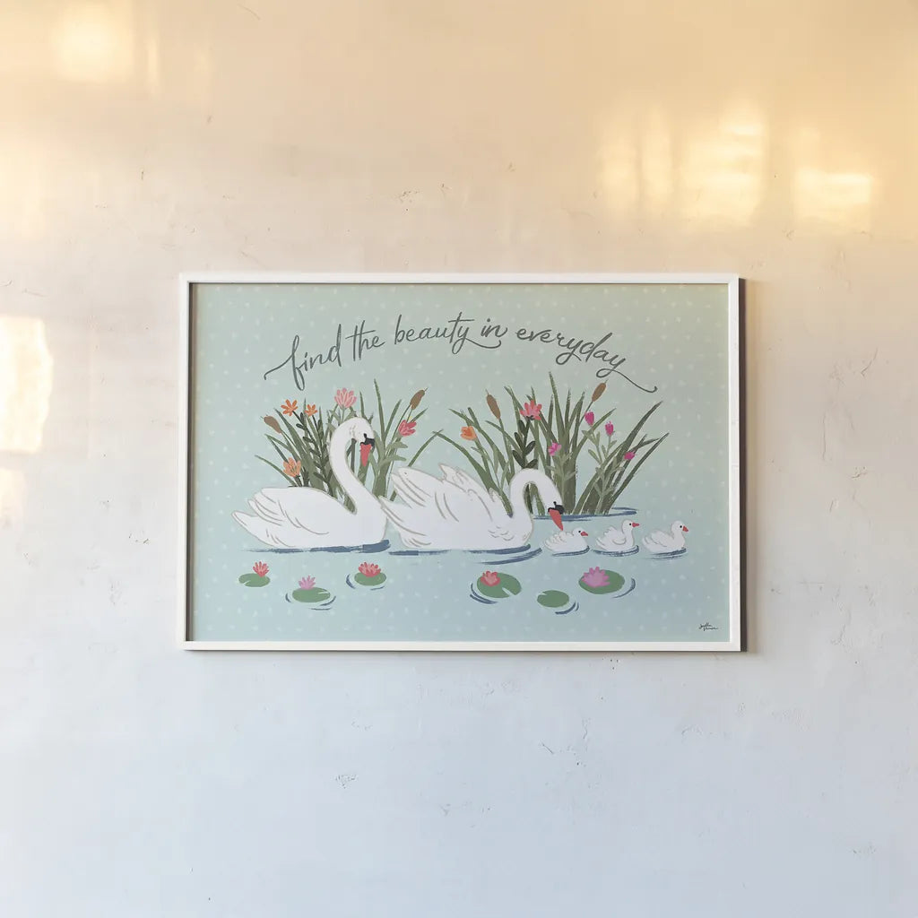 Swan Lake I Mint by Janelle Penner. shown as a paper print in a white frame. Available as a archival giclee rolled canvas, fine art paper, or poster print. SKU 39235i.