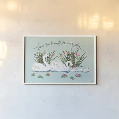 Swan Lake I Mint by Janelle Penner. shown as a paper print in a white frame. Available as a archival giclee rolled canvas, fine art paper, or poster print. SKU 39235i.