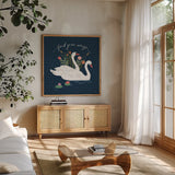 Swan Lake II by Janelle Penner. Shown in a natural wood frame in a cozy modern living room. Available as an archival giclee rolled canvas, fine art paper, or poster print. SKU 39229a.