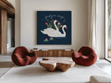 Swan Lake II by Janelle Penner. Shown as extra-large giant wall art in a modern living room. Available as an archival giclee rolled canvas, fine art paper, or poster print. SKU 39229a.