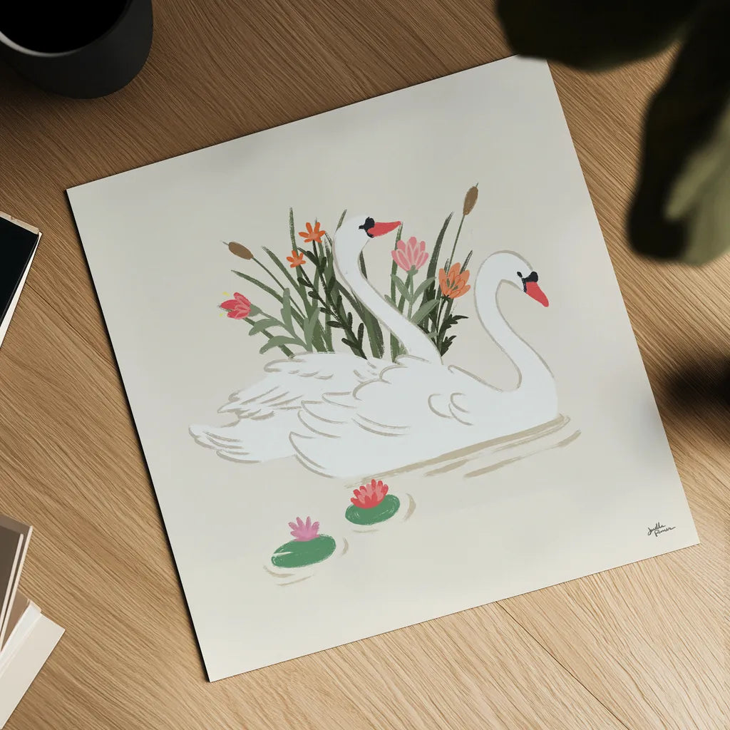 Swan Lake II Cream by Janelle Penner. Shown as a detailed flat fine art print, highlighting archival giclee quality. Available as an archival giclee rolled canvas, fine art paper, or poster print. SKU 99730a.