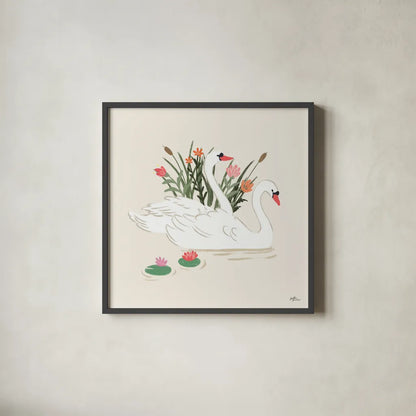 Swan Lake II Cream by Janelle Penner. Shown in a sleek black glass frame for a contemporary gallery look. Available as an archival giclee rolled canvas, fine art paper, or poster print. SKU 99730a.