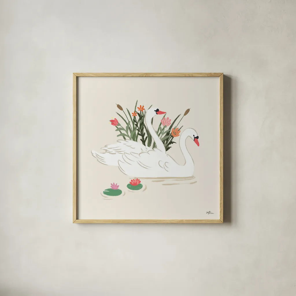 Swan Lake II Cream by Janelle Penner. Shown in a natural wood glass frame for a timeless modern aesthetic. Available as an archival giclee rolled canvas, fine art paper, or poster print. SKU 99730a.