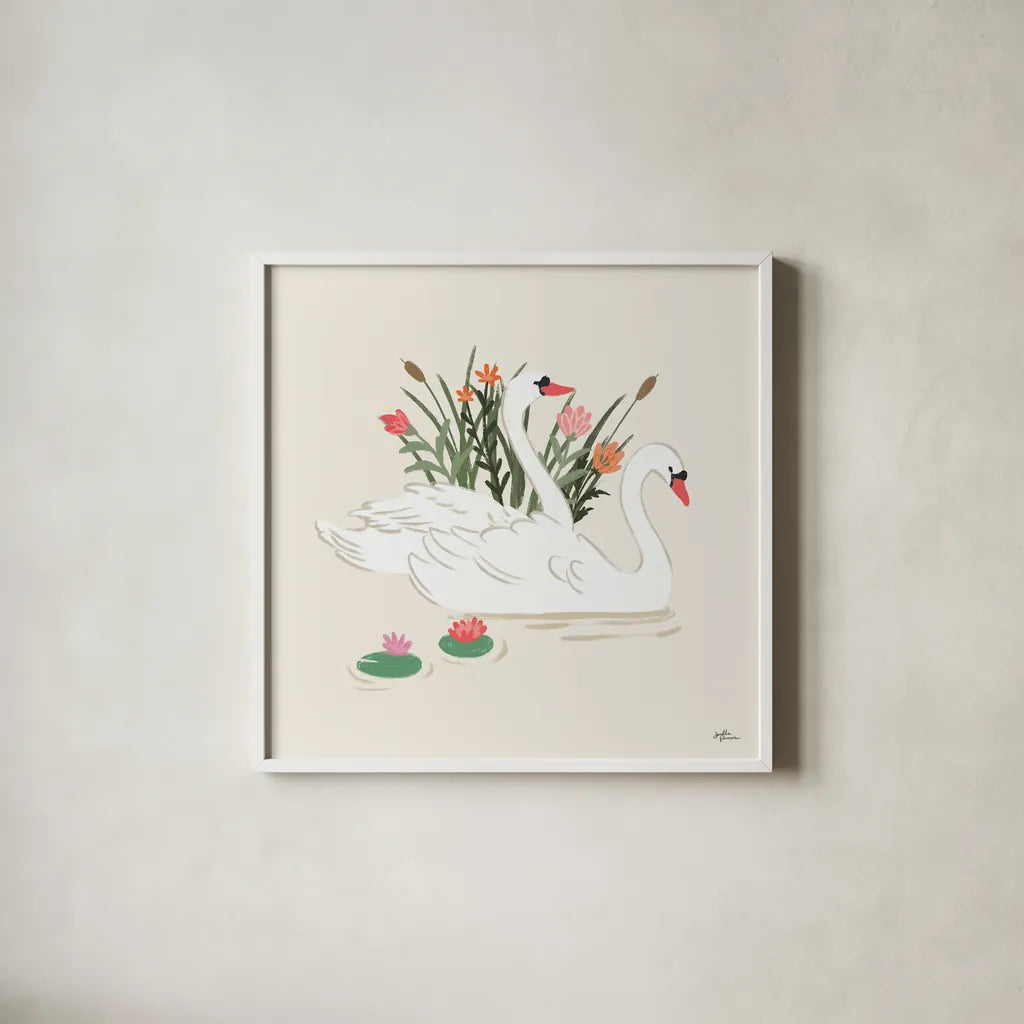 Swan Lake II Cream by Janelle Penner. Shown in a crisp white glass frame for a clean and minimalist style. Available as an archival giclee rolled canvas, fine art paper, or poster print. SKU 99730a.