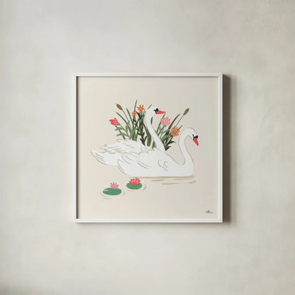 Swan Lake II Cream by Janelle Penner. Shown in a crisp white glass frame for a clean and minimalist style. Available as an archival giclee rolled canvas, fine art paper, or poster print. SKU 99730a.