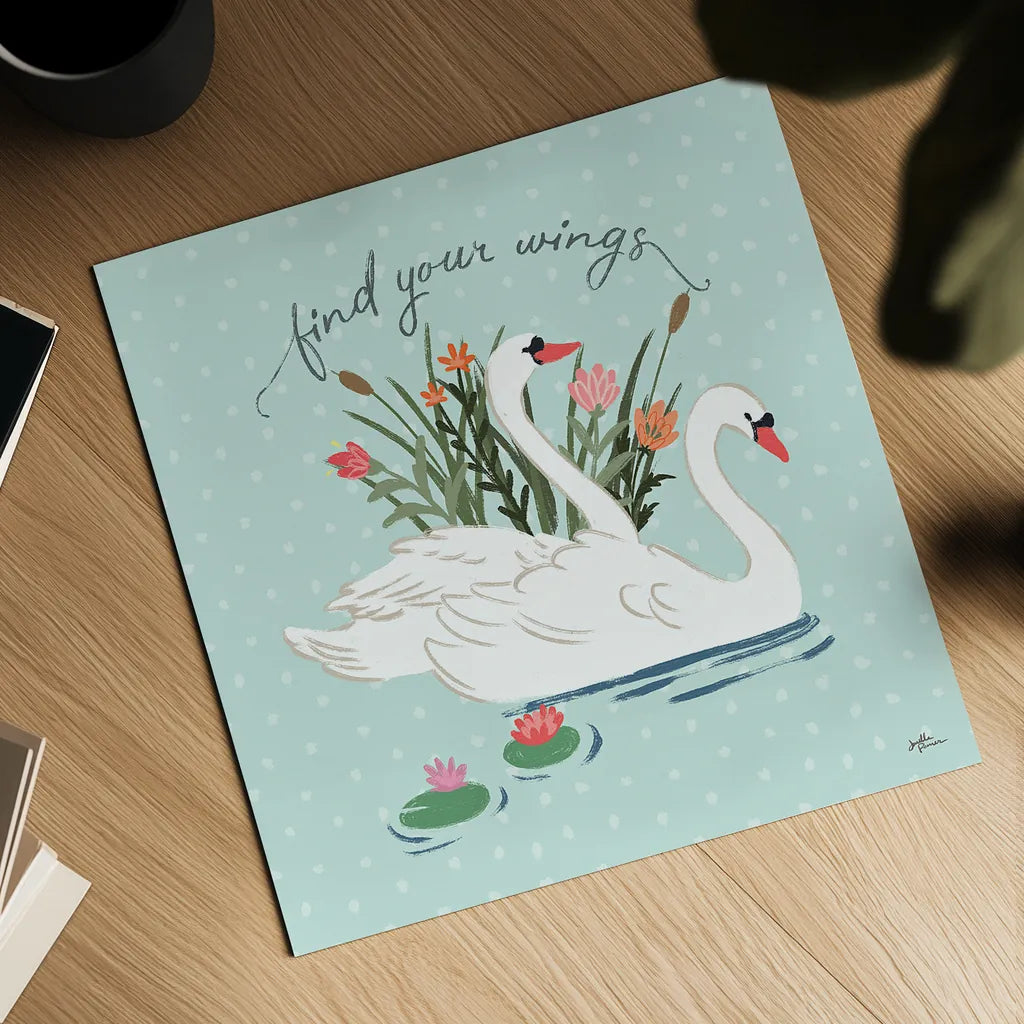 Swan Lake II Mint by Janelle Penner. Shown as a detailed flat fine art print, highlighting archival giclee quality. Available as an archival giclee rolled canvas, fine art paper, or poster print. SKU 39236a.