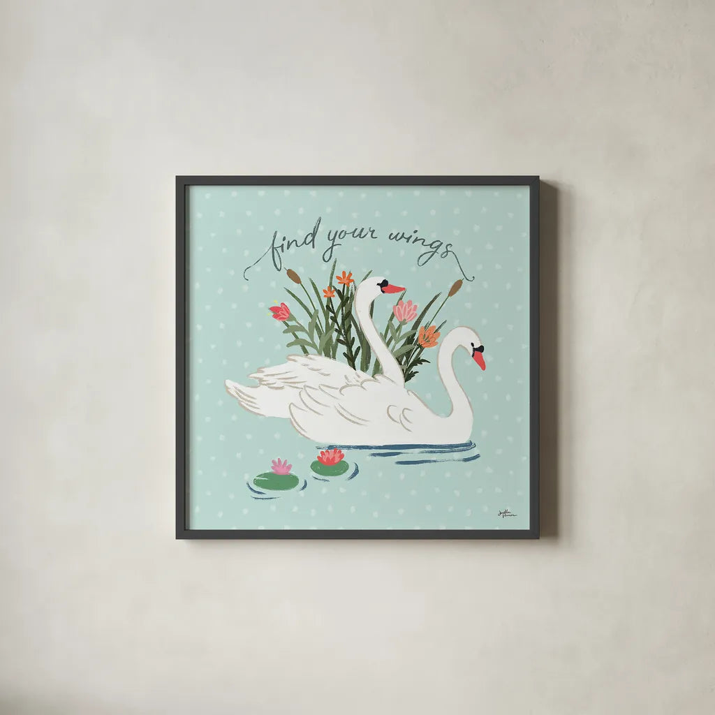 Swan Lake II Mint by Janelle Penner. Shown in a sleek black glass frame for a contemporary gallery look. Available as an archival giclee rolled canvas, fine art paper, or poster print. SKU 39236a.