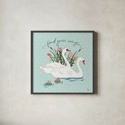 Swan Lake II Mint by Janelle Penner. Shown in a sleek black glass frame for a contemporary gallery look. Available as an archival giclee rolled canvas, fine art paper, or poster print. SKU 39236a.