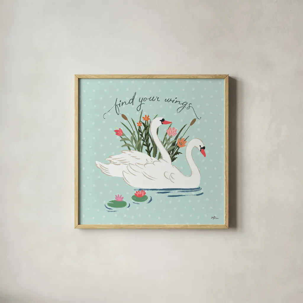 Swan Lake II Mint by Janelle Penner. Shown in a natural wood glass frame for a timeless modern aesthetic. Available as an archival giclee rolled canvas, fine art paper, or poster print. SKU 39236a.