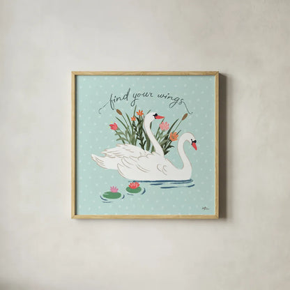 Swan Lake II Mint by Janelle Penner. Shown in a natural wood glass frame for a timeless modern aesthetic. Available as an archival giclee rolled canvas, fine art paper, or poster print. SKU 39236a.