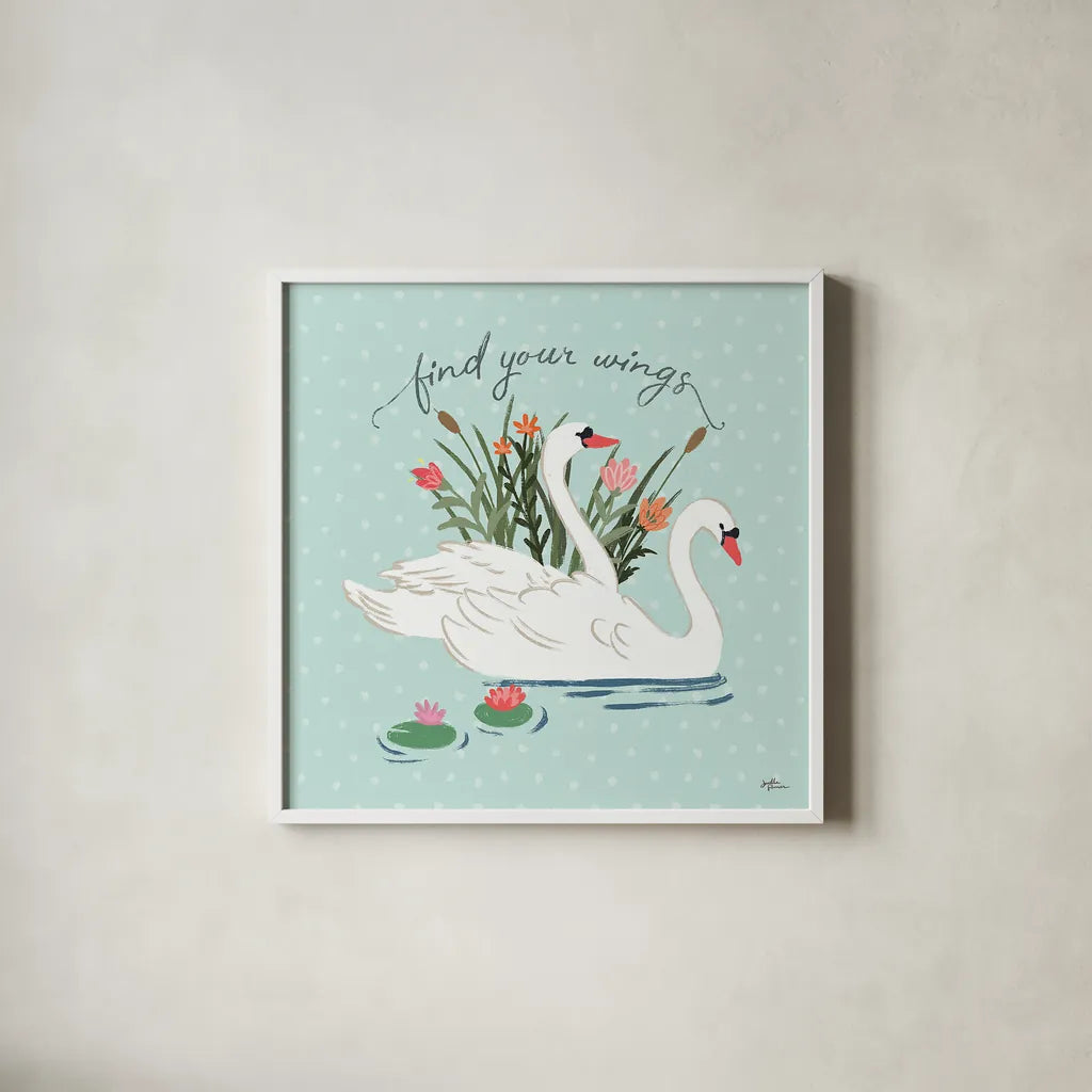 Swan Lake II Mint by Janelle Penner. Shown in a crisp white glass frame for a clean and minimalist style. Available as an archival giclee rolled canvas, fine art paper, or poster print. SKU 39236a.