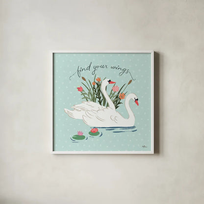 Swan Lake II Mint by Janelle Penner. Shown in a crisp white glass frame for a clean and minimalist style. Available as an archival giclee rolled canvas, fine art paper, or poster print. SKU 39236a.