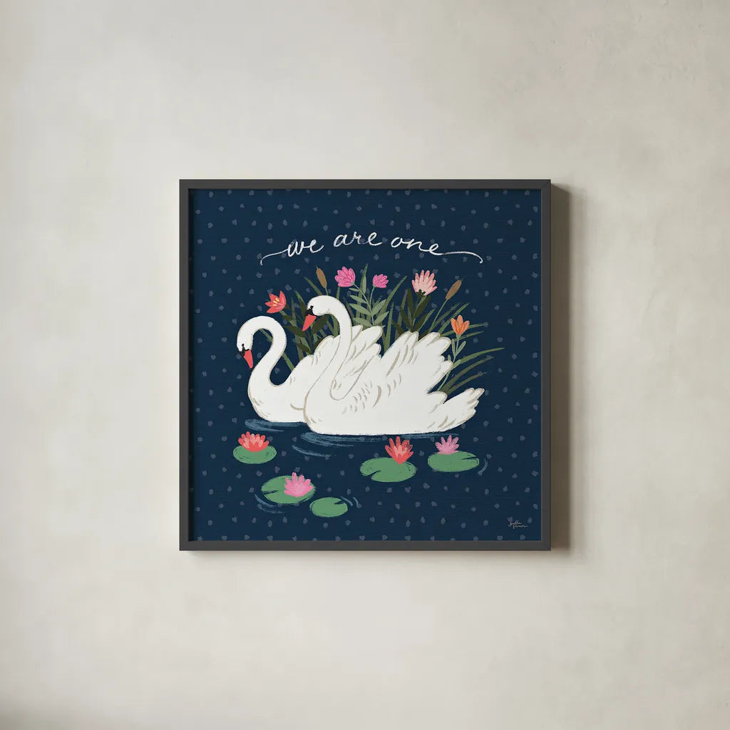Swan Lake III by Janelle Penner. Shown in a sleek black glass frame for a contemporary gallery look. Available as an archival giclee rolled canvas, fine art paper, or poster print. SKU 39230a.