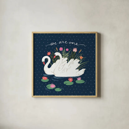 Swan Lake III by Janelle Penner. Shown in a natural wood glass frame for a timeless modern aesthetic. Available as an archival giclee rolled canvas, fine art paper, or poster print. SKU 39230a.