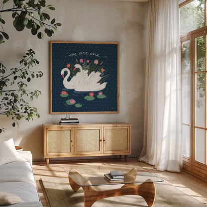 Swan Lake III by Janelle Penner. Shown in a natural wood frame in a cozy modern living room. Available as an archival giclee rolled canvas, fine art paper, or poster print. SKU 39230a.
