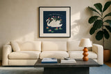 Swan Lake III by Janelle Penner. Displayed in a glass frame with matte in a clean modern living room. Available as an archival giclee rolled canvas, fine art paper, or poster print. SKU 39230a.