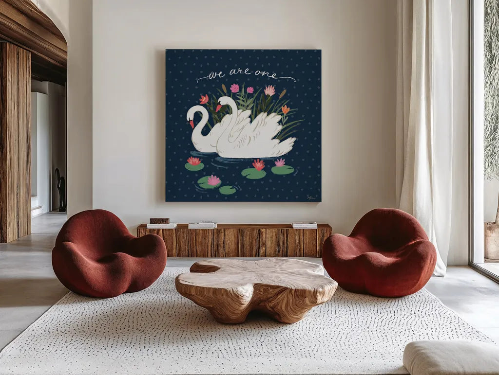Swan Lake III by Janelle Penner. Shown as extra-large giant wall art in a modern living room. Available as an archival giclee rolled canvas, fine art paper, or poster print. SKU 39230a.