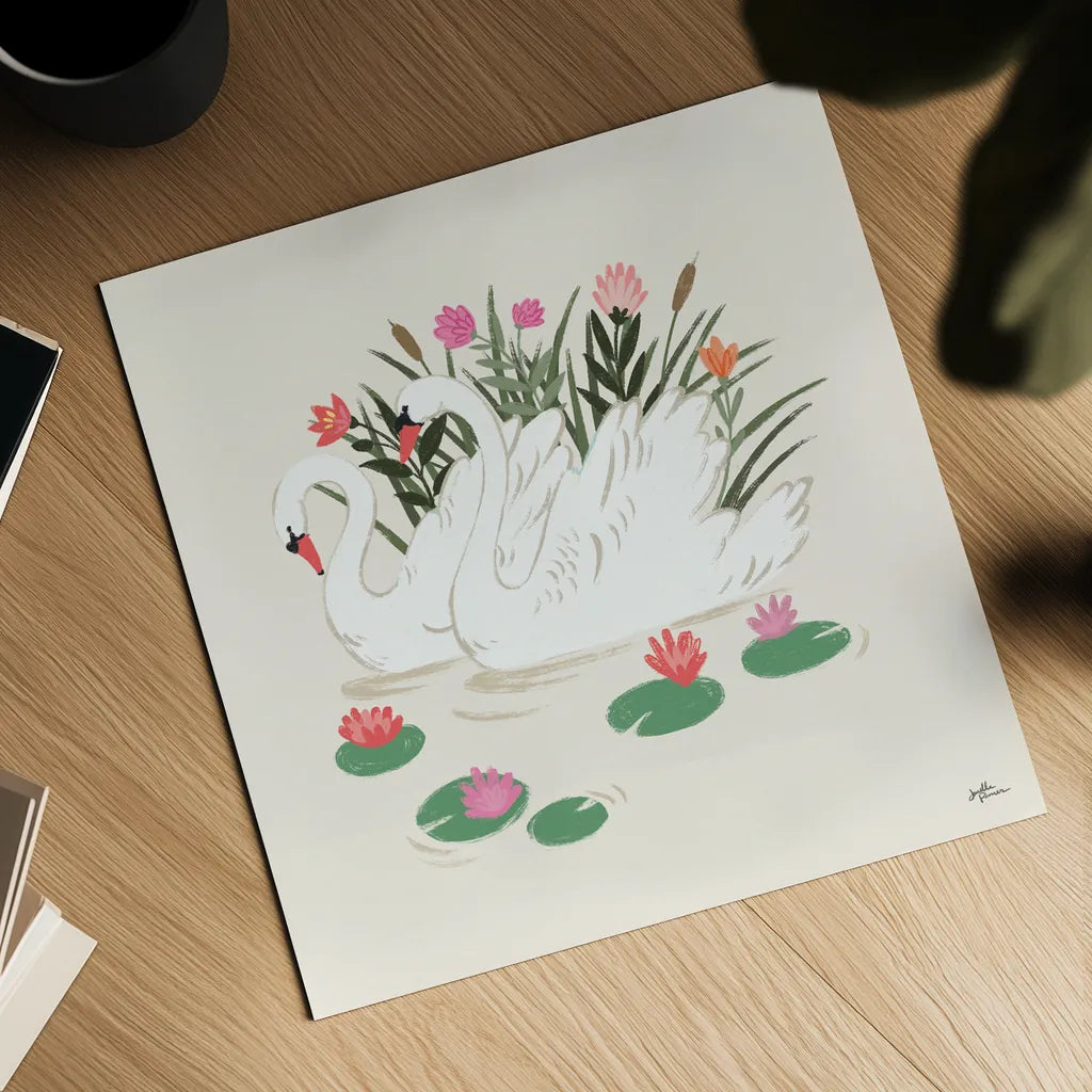 Swan Lake III Cream by Janelle Penner. Shown as a detailed flat fine art print, highlighting archival giclee quality. Available as an archival giclee rolled canvas, fine art paper, or poster print. SKU 99731a.