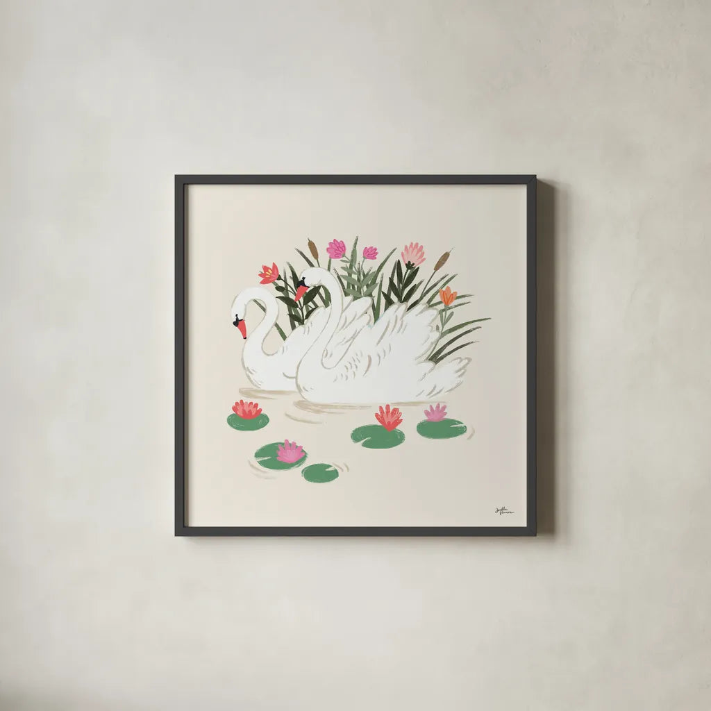Swan Lake III Cream by Janelle Penner. Shown in a sleek black glass frame for a contemporary gallery look. Available as an archival giclee rolled canvas, fine art paper, or poster print. SKU 99731a.