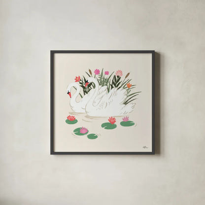 Swan Lake III Cream by Janelle Penner. Shown in a sleek black glass frame for a contemporary gallery look. Available as an archival giclee rolled canvas, fine art paper, or poster print. SKU 99731a.