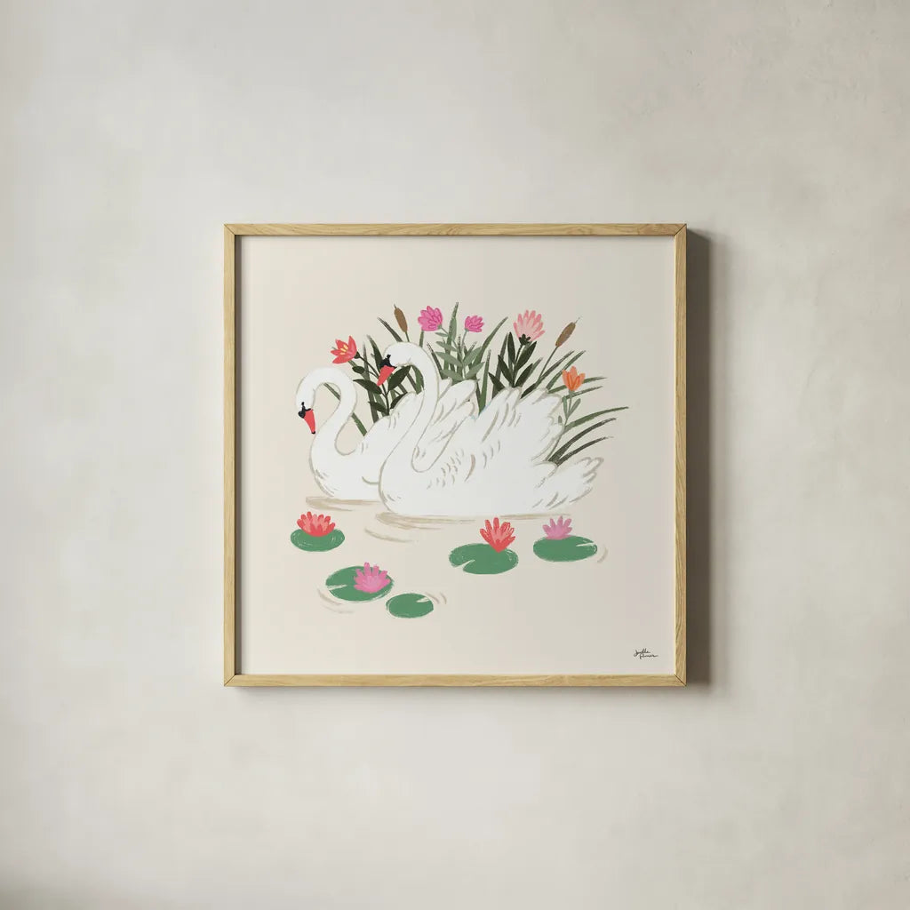 Swan Lake III Cream by Janelle Penner. Shown in a natural wood glass frame for a timeless modern aesthetic. Available as an archival giclee rolled canvas, fine art paper, or poster print. SKU 99731a.