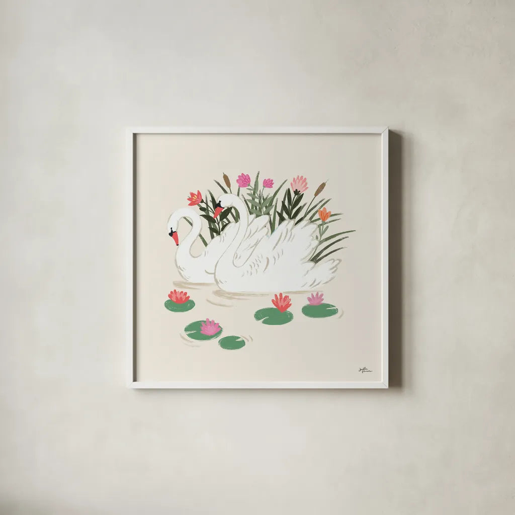 Swan Lake III Cream by Janelle Penner. Shown in a crisp white glass frame for a clean and minimalist style. Available as an archival giclee rolled canvas, fine art paper, or poster print. SKU 99731a.